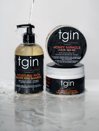 tgin Moisture Rich Sulfate Free Shampoo, Honey Miracle Hair Mask and Butter Cream Daily Moisturizer from the Moist Collection