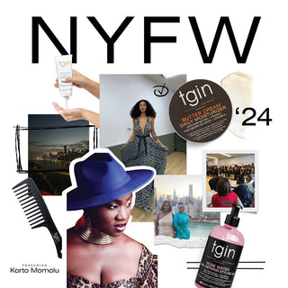 NYFW 2024 collage featuring designer Korto Momolu, runway looks and tgin products