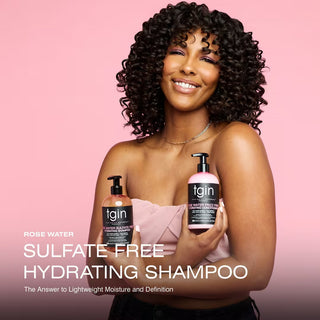 tgin Rose Water Sulfate Free Hydrating Shampoo banner with woman