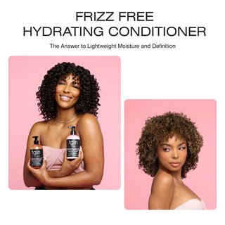 Frizz Free Hydrating Conditioner graphic with two curly-haired women, one holding tgin Rose Water bottles