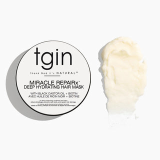 tgin Miracle RepaiRx Deep Hydrating Hair Mask jar lid next to a swatch of the cream