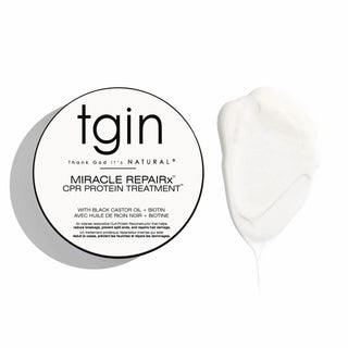 tgin Miracle RepaiRx CPR Protein Treatment jar with a swatch of the treatment