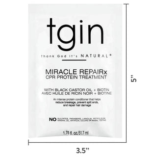 tgin Miracle RepaiRx CPR Protein Treatment packet with size measurements, 3.5 by 5 inches