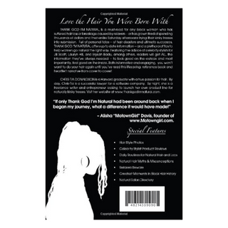 Back cover of Thank God I'm Natural book with title 'Love the Hair You Were Born With', a quote, and a features list