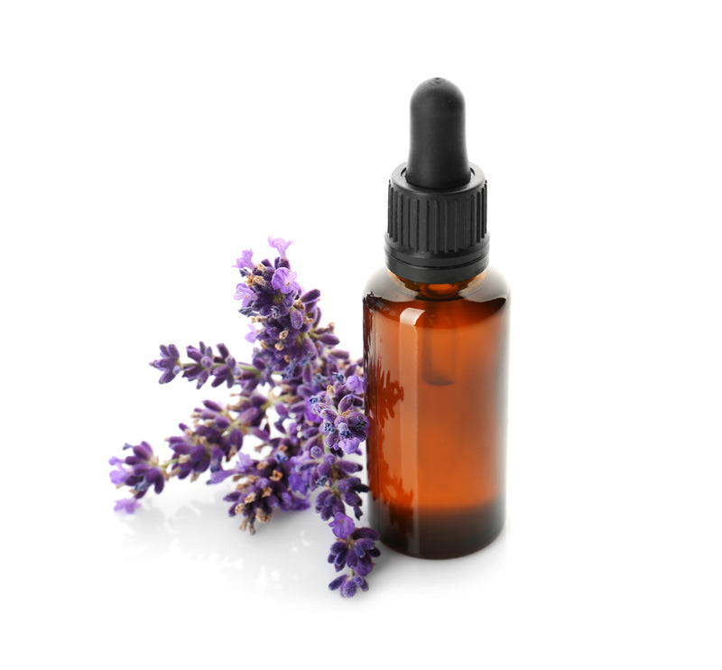 Amber dropper bottle with lavender sprigs