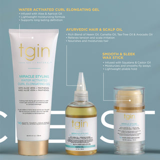 tgin Miracle Styling Curl Elongating Gel, Ayurvedic Hair & Scalp Oil, and Smooth & Sleek Wax Stick on a blue background