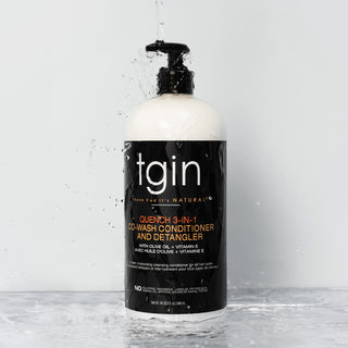 tgin Quench 3-in-1 Co-Wash Conditioner and Detangler large pump bottle with water splashing