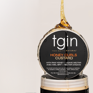 tgin Honey Curls Custard jar with honey dripping over the lid