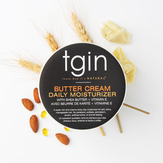 tgin Butter Cream Daily Moisturizer jar with almonds and wheat