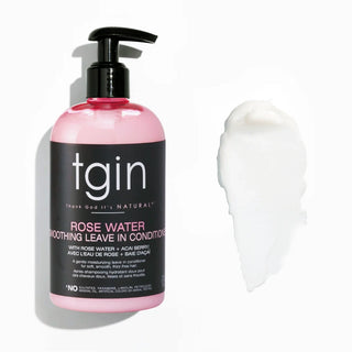 tgin Rose Water Smoothing Leave-In Conditioner pump bottle with a white cream swatch