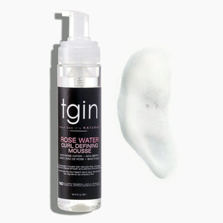 tgin Rose Water Curl Defining Mousse bottle with a swatch of foam