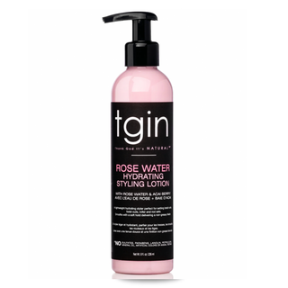 tgin Rose Water Hydrating Styling Lotion pink pump bottle