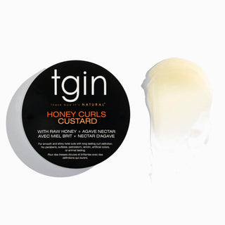 tgin Honey Curls Custard jar with a swatch of the custard