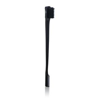 Black tgin Smooth & Style Baby Hair Edge Brush shown at an angle, with bristles and a fine-tooth comb end