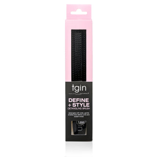 tgin Define + Style Detangling Brush in its pink and black box, front view