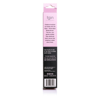Back of the tgin Style + Shine Boar Bristle Brush box with product description and barcode