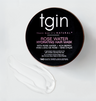 tgin Rose Water Hydrating Hair Mask jar, top view, with a swatch of the mask