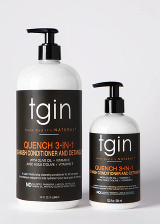 tgin Quench 3 in 1 Co-Wash Conditioner and Detangler in 32 oz and 13 oz pump bottles