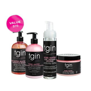 tgin Rose Water shampoo, leave-in conditioner, curl defining mousse and hair mask with a $78 value badge