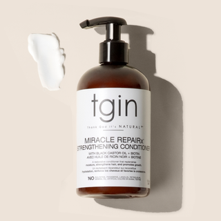 tgin Miracle RepaiRx Strengthening Conditioner bottle with a swatch of white conditioner