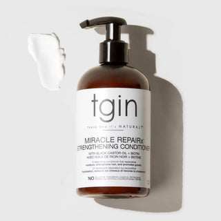 tgin Miracle RepaiRx Strengthening Conditioner bottle with a swatch of conditioner