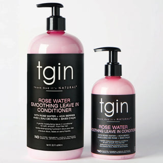 Large and regular size bottles of tgin Rose Water Smoothing Leave-In Conditioner side by side