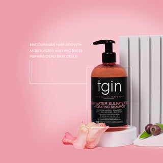 tgin Rose Water Sulfate Free Hydrating Shampoo with benefit callouts on a pink background