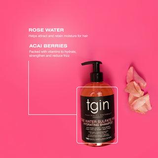 tgin Rose Water Sulfate Free Hydrating Shampoo with rose water and acai berry ingredient callouts
