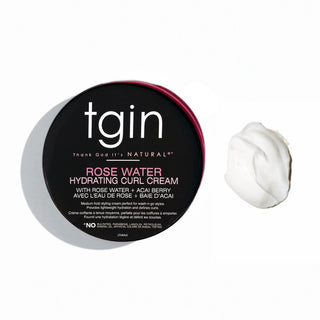 tgin Rose Water Hydrating Curl Cream jar next to a swatch of white cream