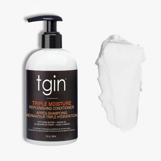 tgin Triple Moisture Replenishing Conditioner pump bottle with a swatch of the conditioner