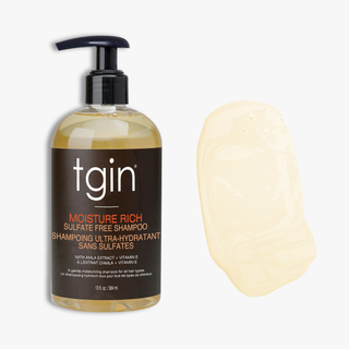 tgin Moisture Rich Sulfate Free Shampoo pump bottle with a swatch of the shampoo