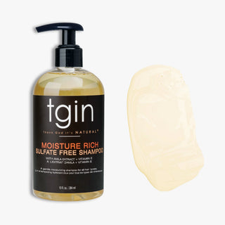 tgin Moisture Rich Sulfate-Free Shampoo pump bottle next to a swatch of pale shampoo