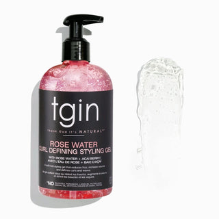 tgin Rose Water Curl Defining Styling Gel bottle with a swatch of gel
