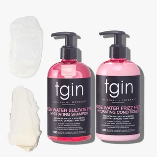 tgin Rose Water Sulfate Free Hydrating Shampoo and Frizz Free Hydrating Conditioner with product swatches