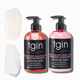 tgin Rose Water Sulfate-Free Hydrating Shampoo and Frizz-Free Hydrating Conditioner with product swatches