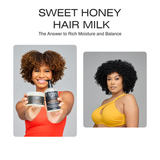 Sweet Honey Hair Milk banner showing a woman holding tgin products and a woman with curly hair