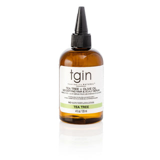 tgin Tea Tree & Olive Oil Detoxifying Hair & Scalp Serum, 4 fl oz amber bottle with nozzle cap