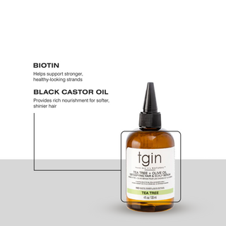 tgin Tea Tree and Olive Oil Detoxifying Hair and Scalp Serum with ingredient callouts