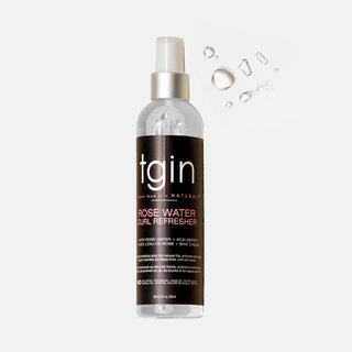 tgin Rose Water Curl Refresher spray bottle with water droplets
