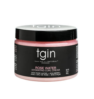 tgin Rose Water Hydrating Curl Cream jar with black lid