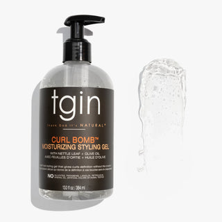 tgin Curl Bomb Moisturizing Styling Gel pump bottle with a swatch of clear gel