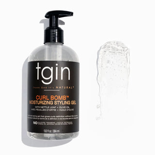 tgin Curl Bomb Moisturizing Styling Gel pump bottle next to a swatch of clear gel