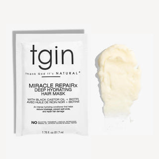 tgin Miracle RepaiRx Deep Hydrating Hair Mask packet with a swatch of the mask