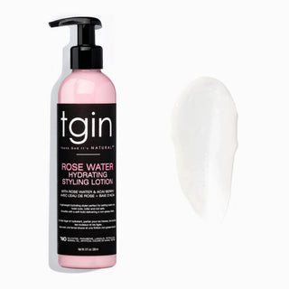 tgin Rose Water Hydrating Styling Lotion pump bottle next to a swatch of white lotion