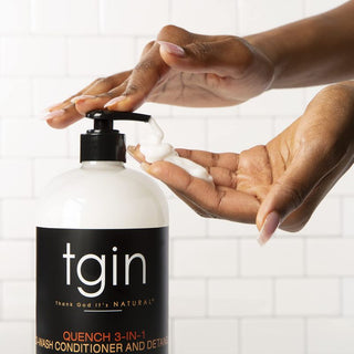 Hands pumping tgin Quench 3-N-1 Co-Wash Conditioner and Detangler