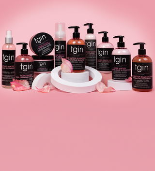 tgin Rose Water Collection products on pink background, mobile