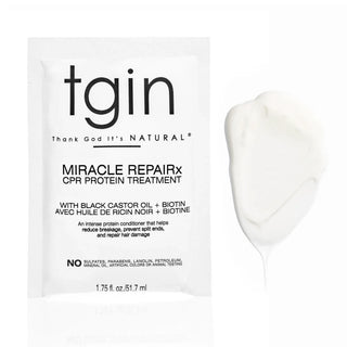 tgin Miracle RepaiRx CPR Protein Treatment packet with a swatch of the treatment