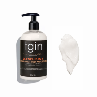 tgin Quench 3-N-1 Co-Wash Conditioner and Detangler pump bottle next to a swatch of white conditioner