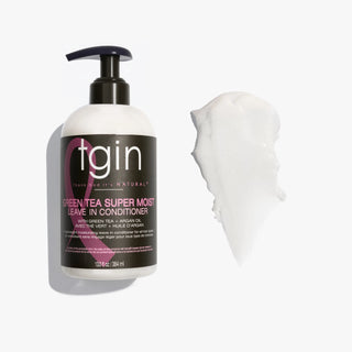 tgin Green Tea Super Moist Leave In Conditioner pump bottle with a swatch of the conditioner