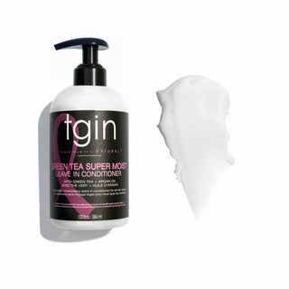 tgin Green Tea Super Moist Leave-In Conditioner pump bottle next to a swatch of white cream
